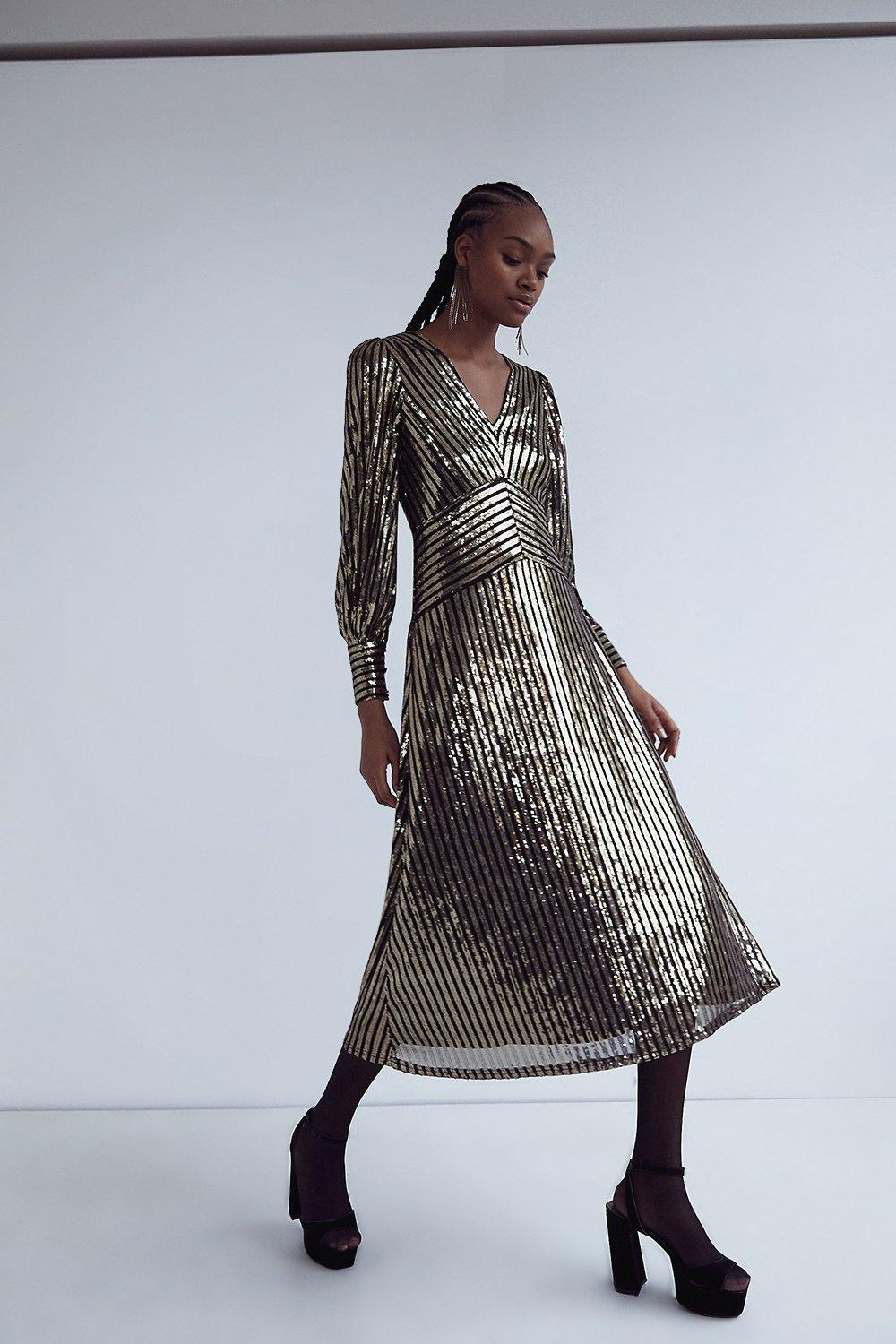 Sequin Stripe V Neck Midi Dress | Warehouse